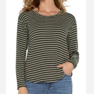 Liverpool Moss Green & Ivory Stripe Ribbed Knit Long Sleeve Tee, Large